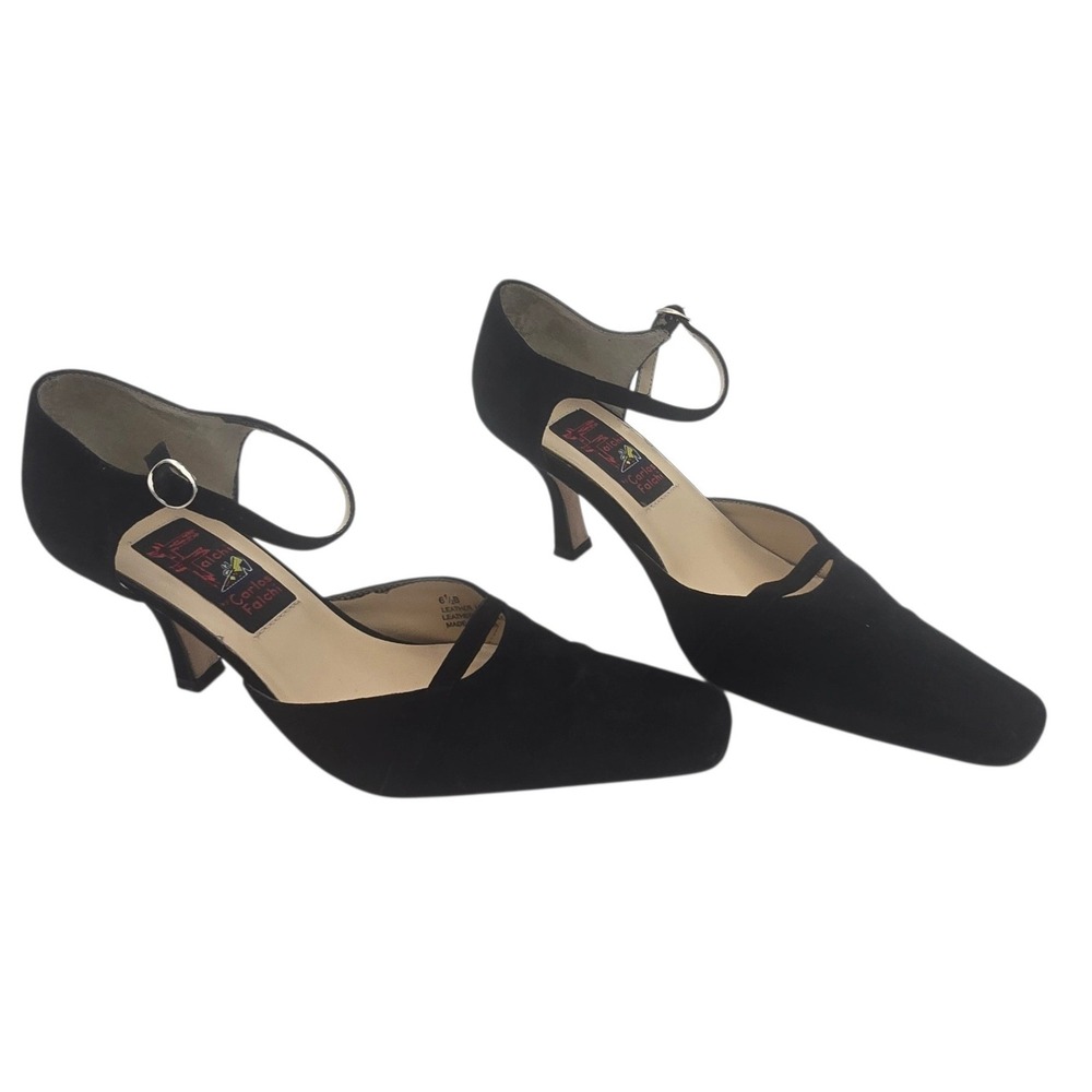 Y2K Carlos Falchi Black Suede Square Toe Ankle Strap Kittrn Heel 6.5 Vintage 90s